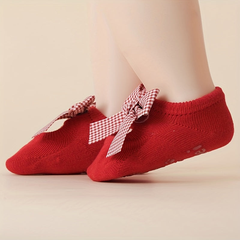 2 Pairs Plaid Heart Bow Princess Socks for Baby Girls Non Slip & Comfy