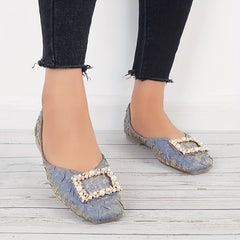 Faux Pearl Ballet Flats Square Toe Slip On Shoes