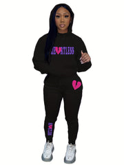Casual Letter Print Hoodie & Pants Set Women's Clothing
