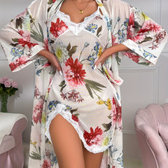 Floral Print Mesh Lingerie Set with Long Sleeve Robe & Lace V Neck Slip Dress