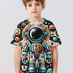 Cartoon Astronaut Print Boy's Tee Short Sleeve Crew Neck Comfy T shirt