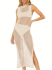 Round Neck Cover Up Dress Hollow Out See Through Backless Split Crochet Dress