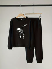Skeleton Pattern Boy's 2pcs Sweatshirt & Sweatpants Set Halloween Style Outfits