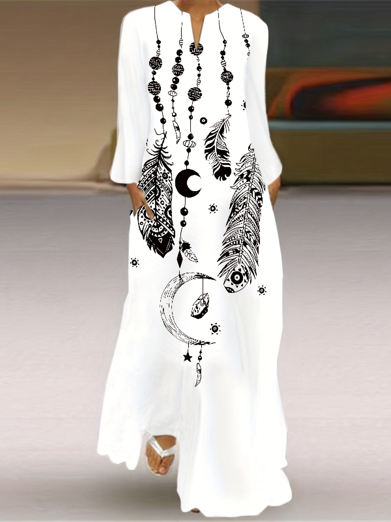 Feather Print V Neck Long Dress for Women