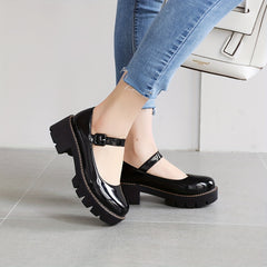 Women's Chunky Heeled Mary Jane Round Toe Patent Leather Platform Shoes