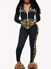 Leopard Print Casual Two piece Set Hooded Tops & Long Length S