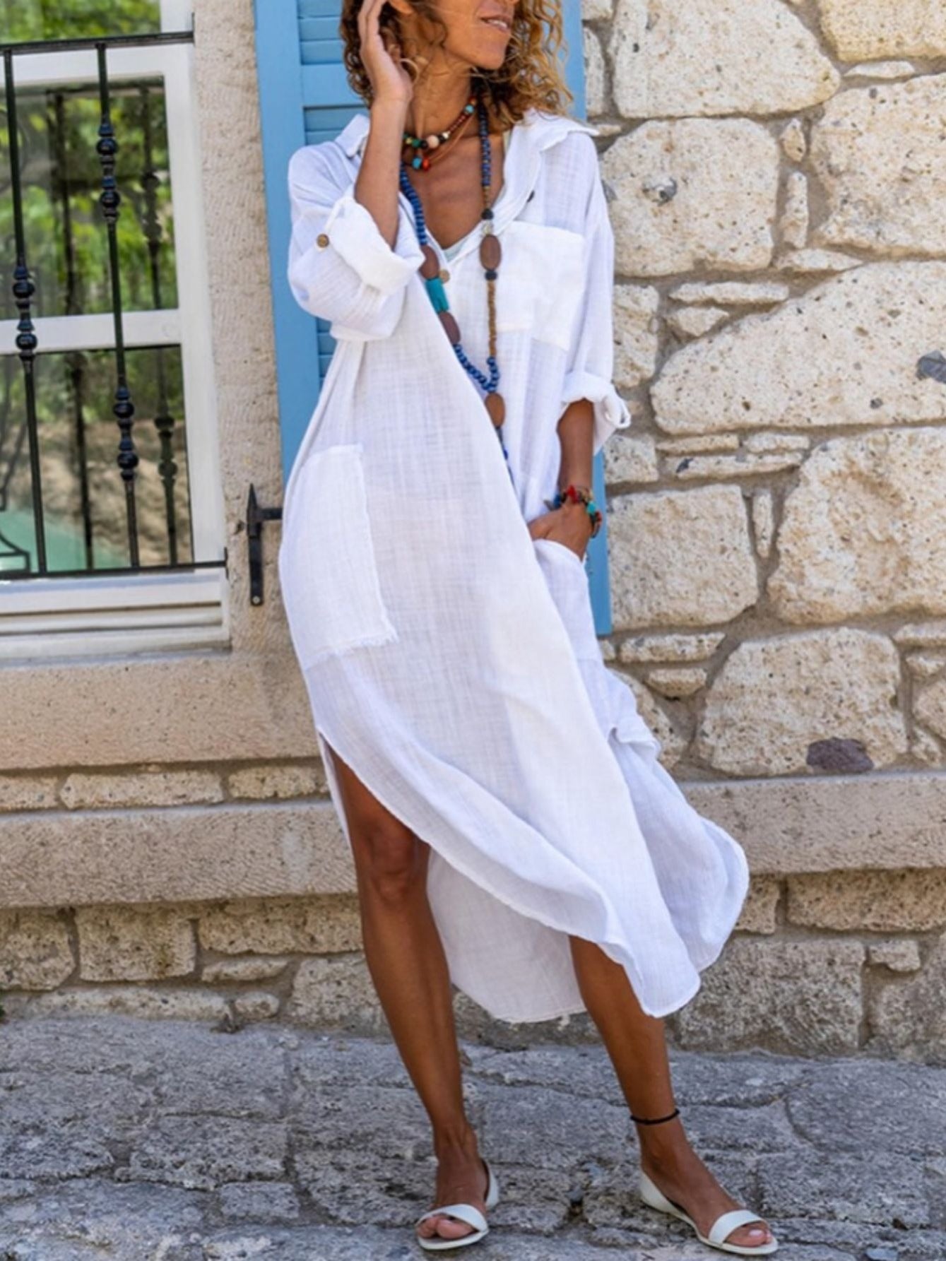 Women's Casual Long Sleeve Slit Long Dress