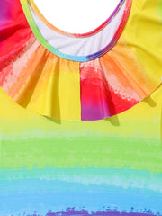 Gradient Rainbow Ruffle Trim Swimsuit for Girls