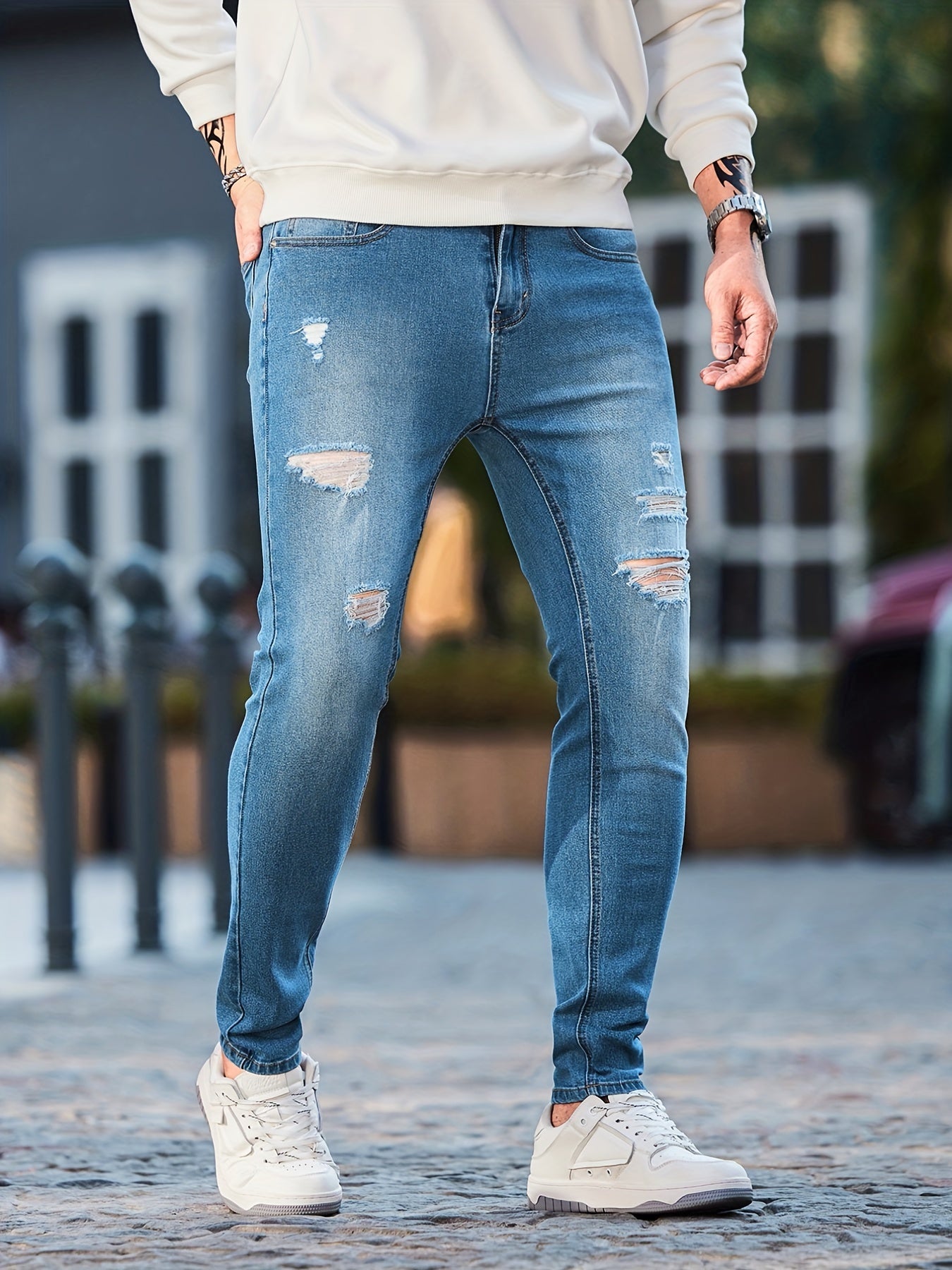 Men's Slim Fit Ripped Denim Jeans with Pockets