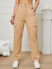 Apricot High Waist Straight Jeans Flap Pockets High Rise Loose Fit Wide Leg