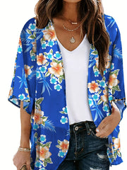 Tropical Print Cover Up Shirt V Neck Loose Fit Beachwear Women's Swimwear