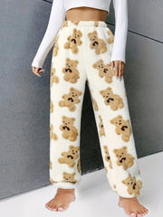 Cartoon Bear Print Lounge Pants Casual & Fuzzy Elastic Waistband Pants