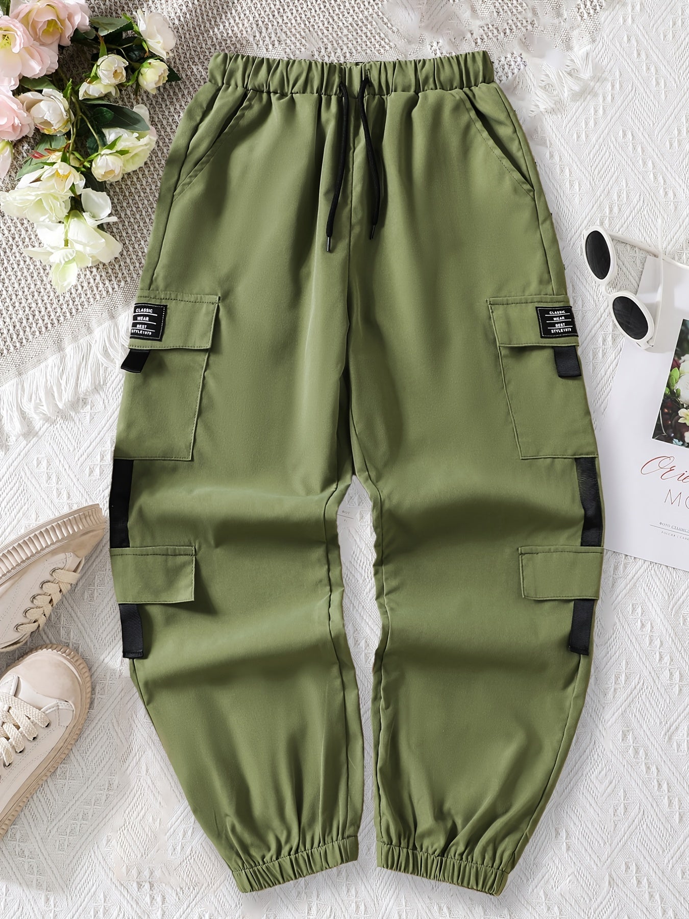 Boys Casual Cargo Pants Elastic Waist Drawstring Jogger Pants