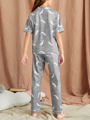 Girls Feather Graphic Pajama Set Short Sleeve Top & Pants Kids Family Outfit