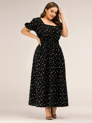 Polka Dot Square Neck Puff Sleeve Maxi Dress - Plus Size