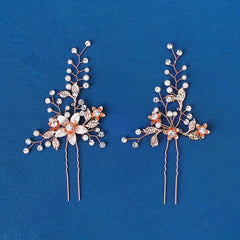 Bridal Pearl Hair Pins Silver Rhinestone Flower Headpieces 2pcs Set