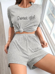 Letter Print Pajamas Set Short Sleeve Top & Shorts Women's Sleepwear