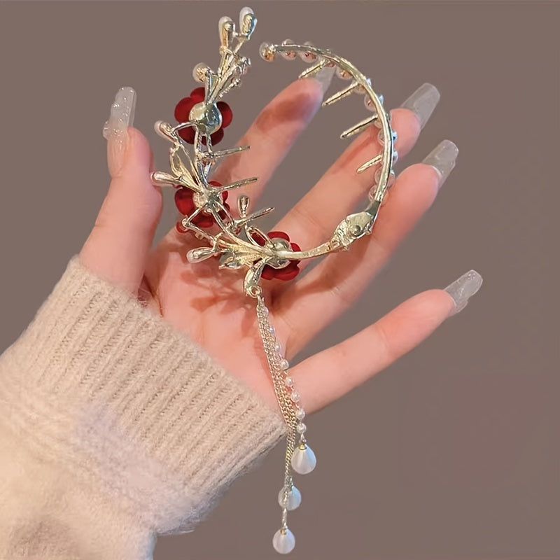 Vintage Red Rose Bun Buckle Tassel Hair Clip for Women Girls