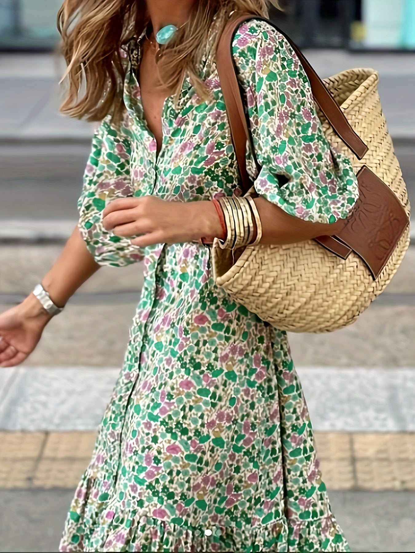 Women's Plus Ditsy Print Bubble Sleeve V Neck Button Up Smock Dress