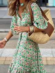 Women's Plus Ditsy Print Bubble Sleeve V Neck Button Up Smock Dress