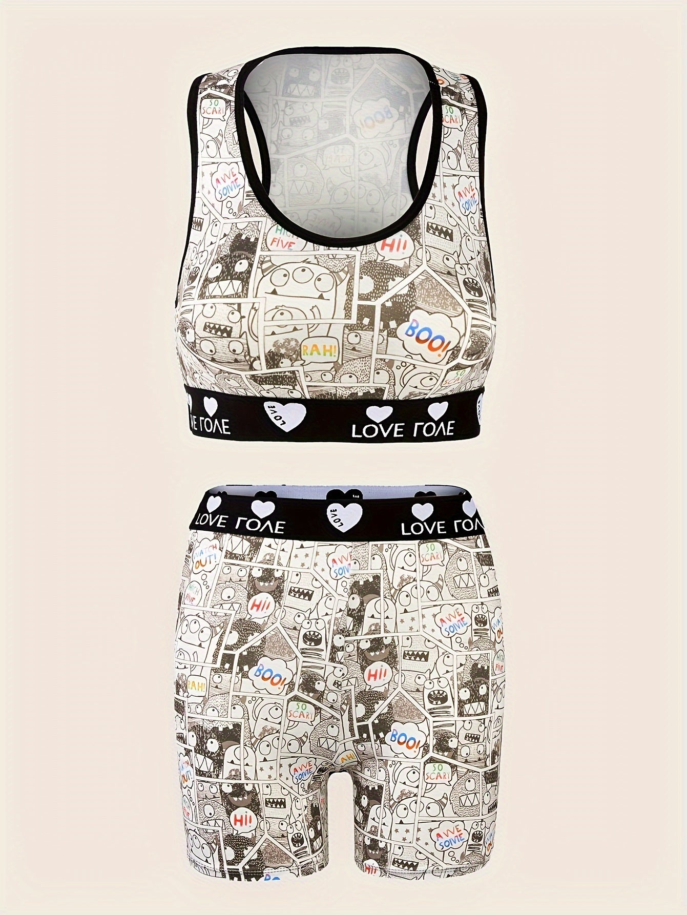 Cartoon Print Bra & Panties Set Full Coverage Sports Bra & Elastic Panties