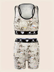 Cartoon Print Bra & Panties Set Full Coverage Sports Bra & Elastic Panties
