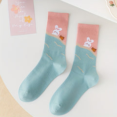 3 Pairs Bear & Bunny Print Socks Women's Crew Stockings