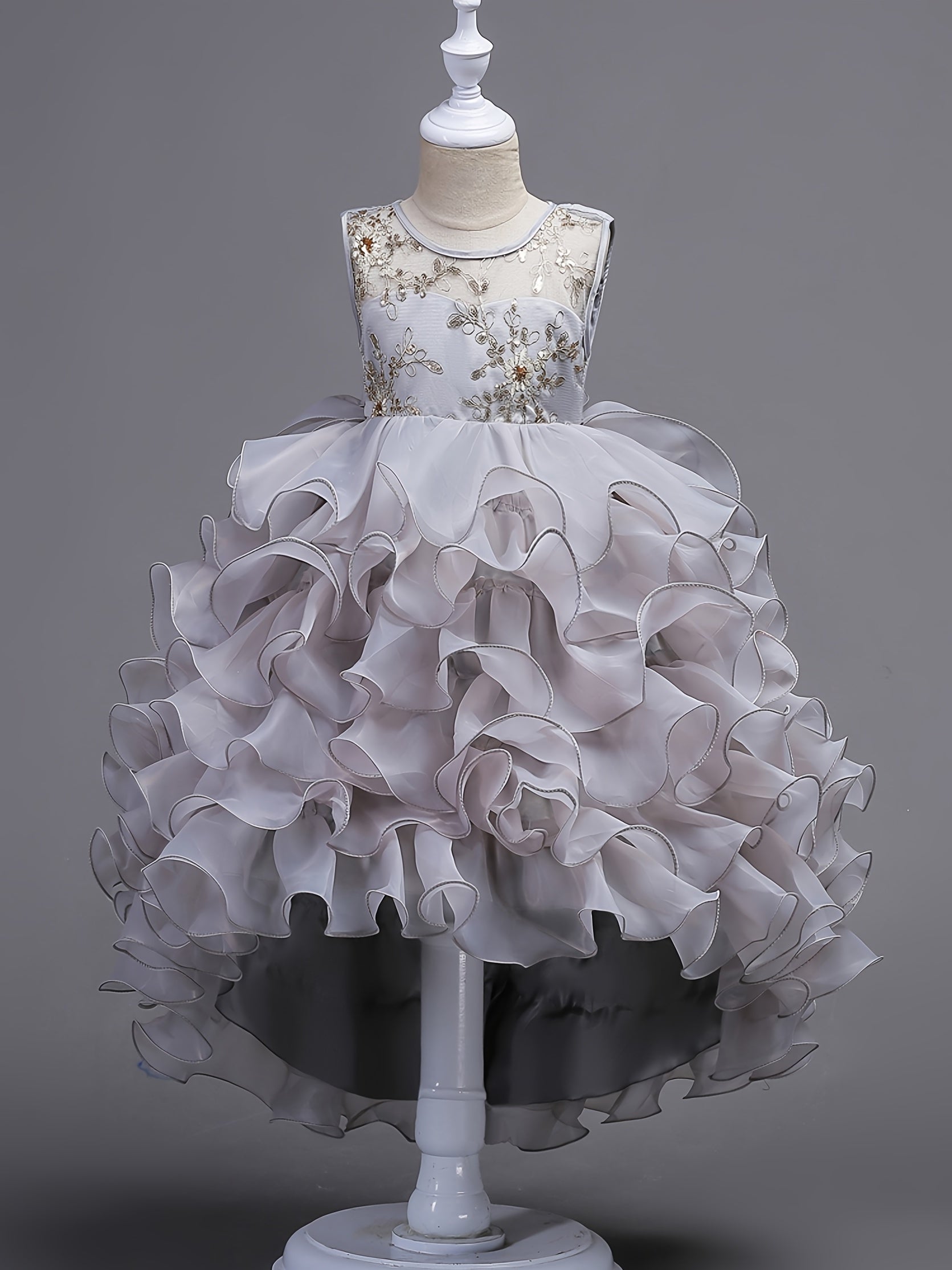 Girls Puffy Princess Dress Flowers Embroidery Layered Dress