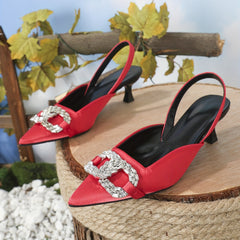 Women's Rhinestone Kitten Heel Red Sandals