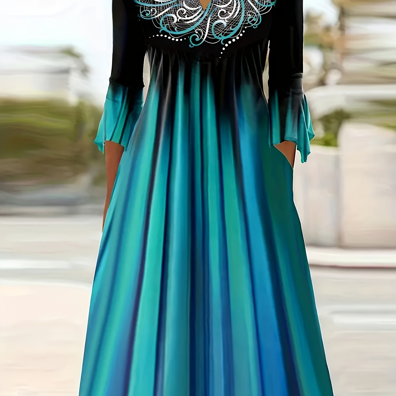 Women's Plus Floral Print Ombre Bell Sleeve Midi Dress