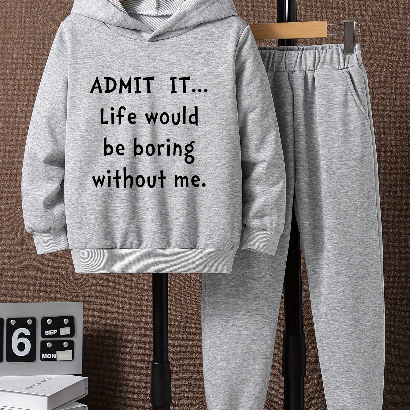 Boys Hoodie & Sweatpants 2pcs LIFE WOULD BE BORING Print Casual Kids Clothes