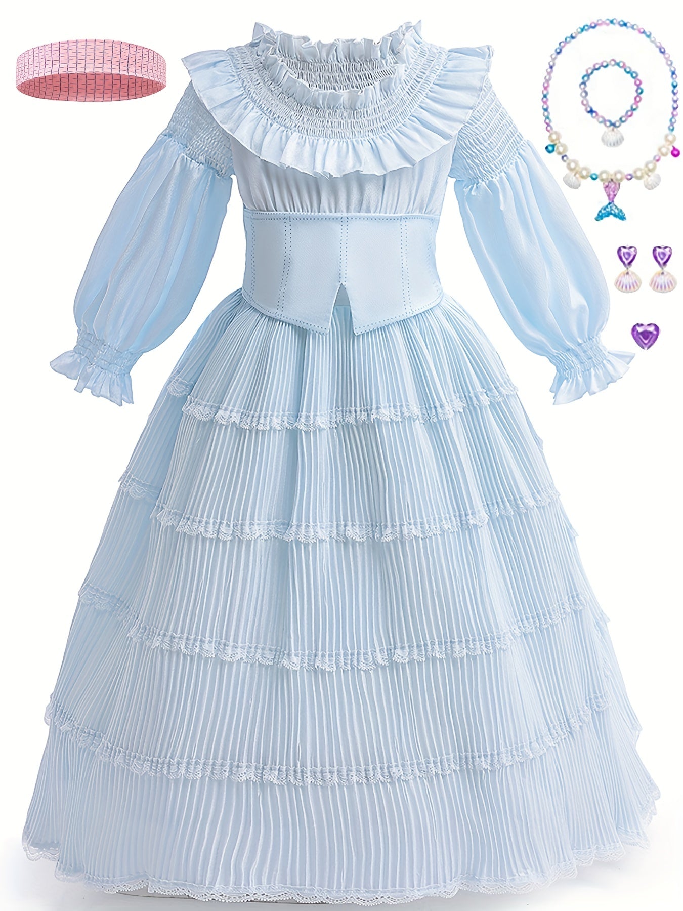 Girls Princess Dress Long Puff Sleeve Tulle with Accessories