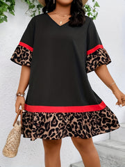 Plus Size Colorblock Leopard Print Ruffle Trim Bell Sleeve Loose Dress