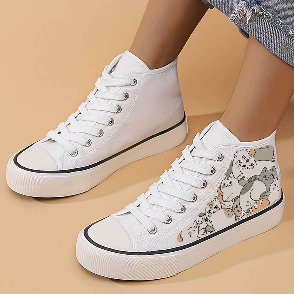 Girl's High Top Cats Pattern Skate Shoes Comfy Non Slip Casual Lace Up Sneakers