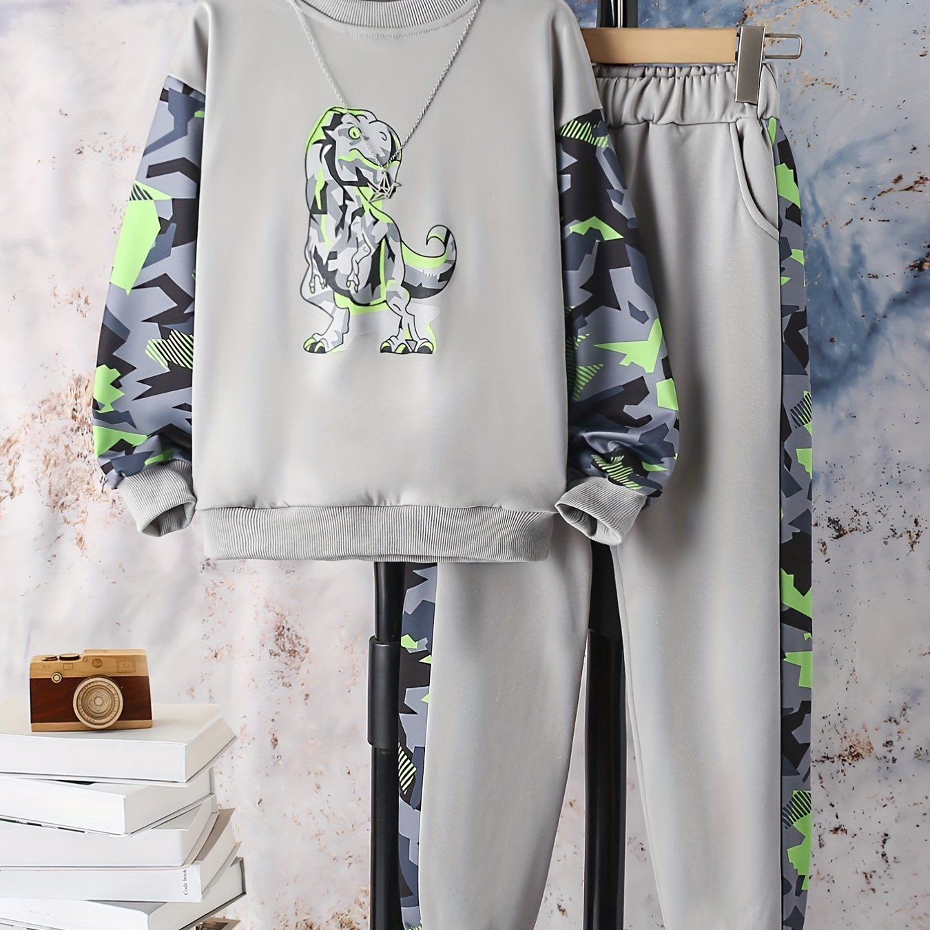 Geometric Dino Boy's Sweatshirt & Sweatpants Set For Kids