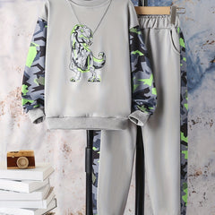 Geometric Dino Boy's Sweatshirt & Sweatpants Set For Kids