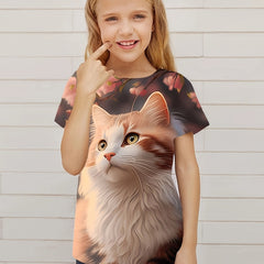 Fancy Cat Graphic Short Sleeve T-shirt for Girls