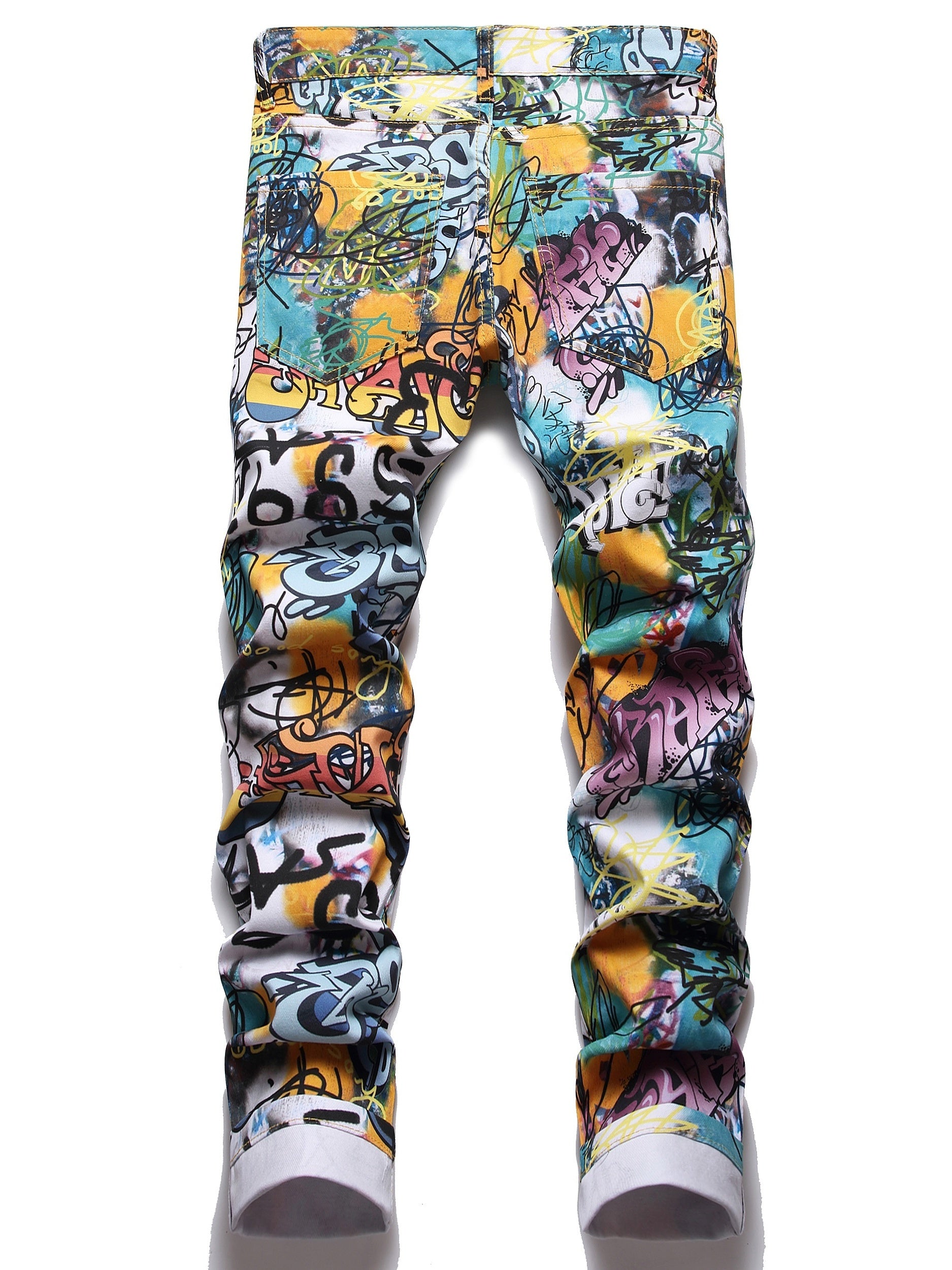 Graffiti Print Slim Fit Jeans Men Casual Street Style Denim Pants