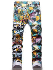 Graffiti Print Slim Fit Jeans Men Casual Street Style Denim Pants