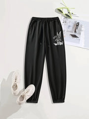 Rabbit Print Casual Sports Pants Drawstring Side Pockets Couple Jogging Pants