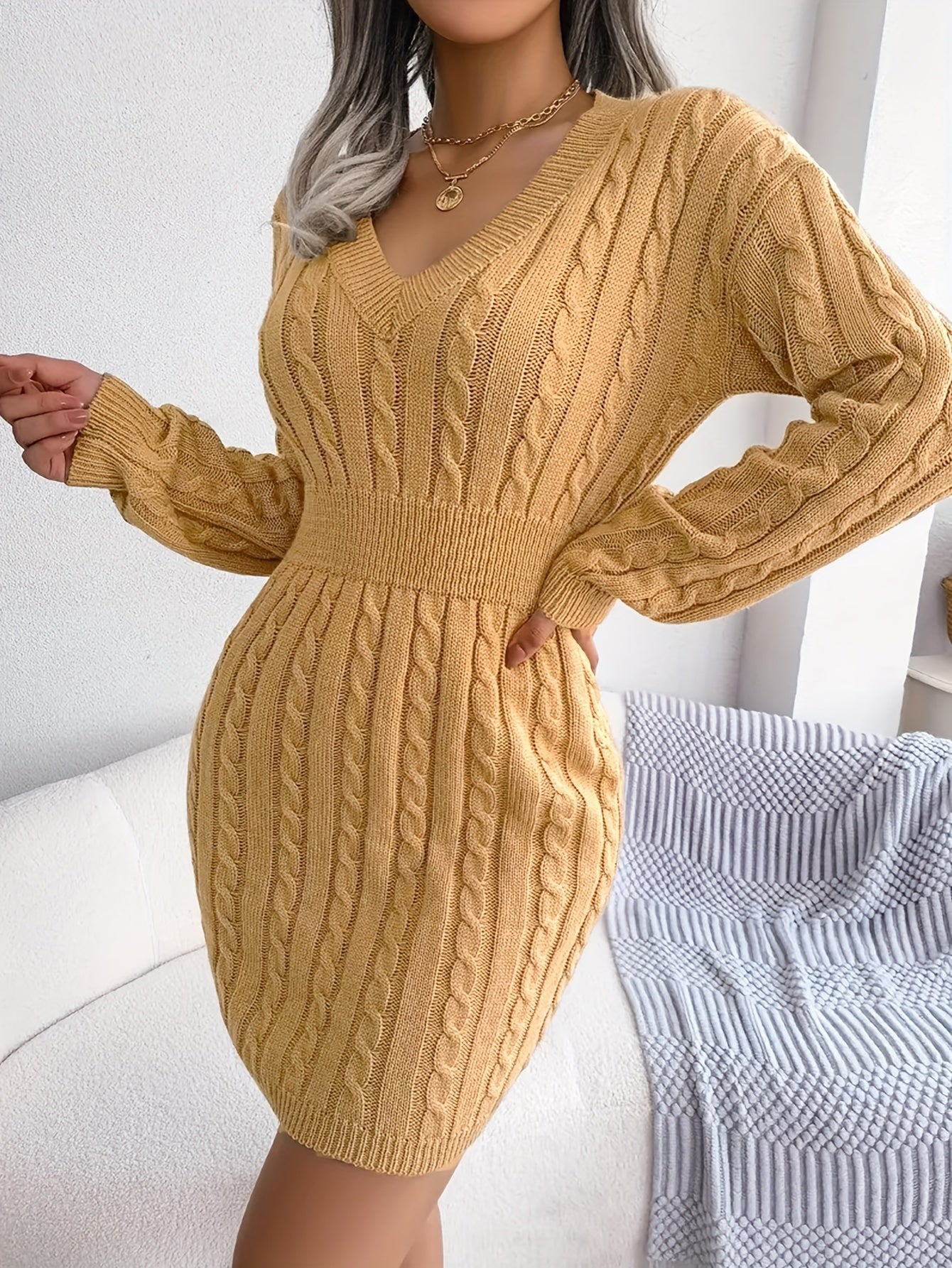Cable Knit Long Sleeve Bodycon Sweater Dress
