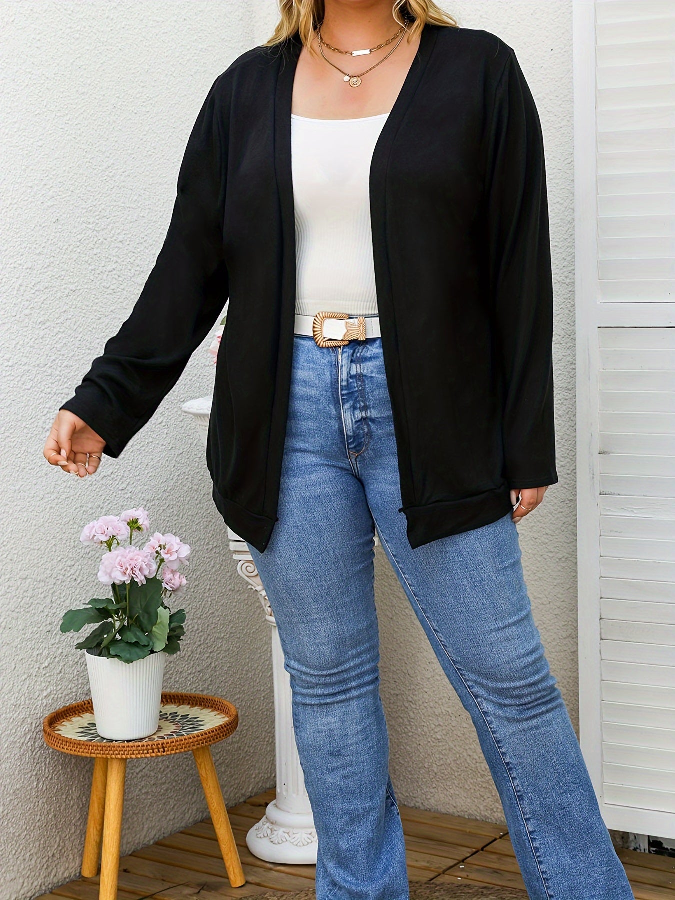 Solid Open Front Cardigan - Long Sleeve