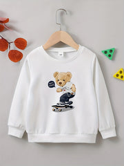 Street Style Bear Skating Print Boys Casual Pullover Sweatshirt