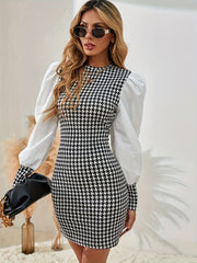 Houndstooth Print Bodycon Long Sleeve Dress