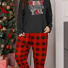 Christmas Lounge Set Leopard Slogan Print Tee & Plaid Pants Pajamas