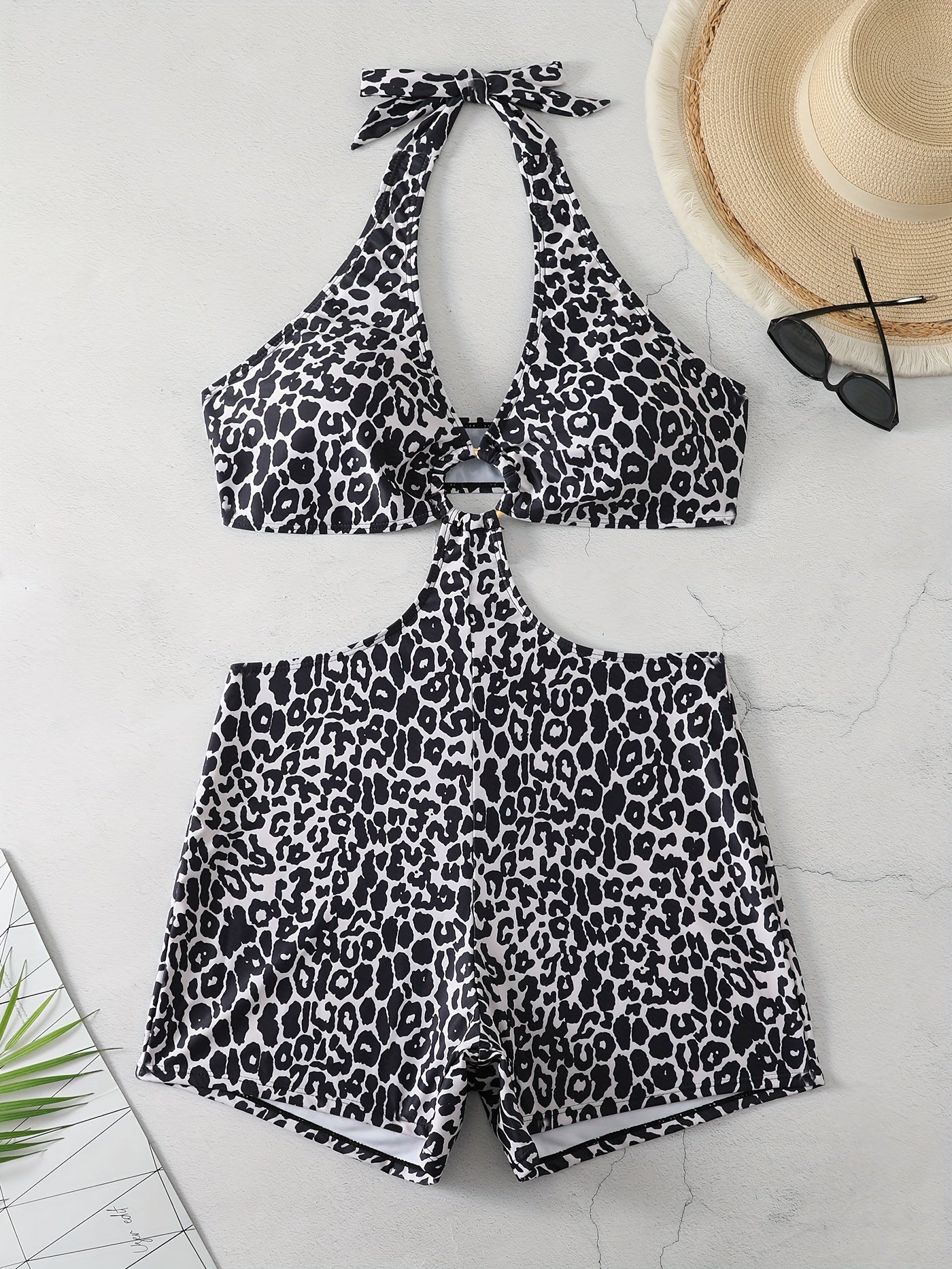 Leopard Print Cut Out Halter One Piece Swimsuit