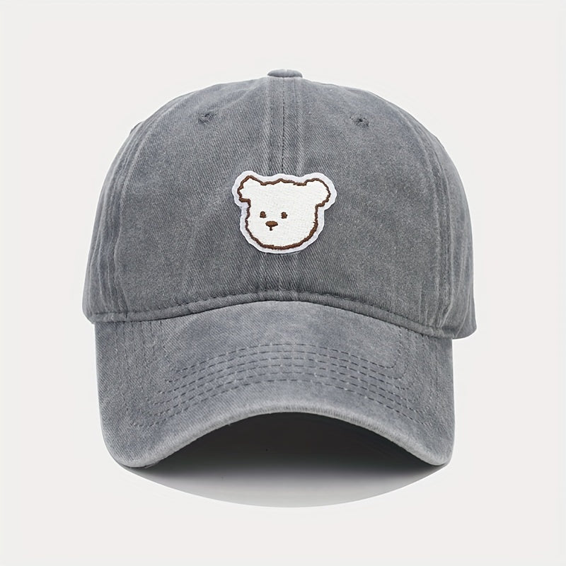 Cartoon Bear Patch Baseball Cap Solid Washed Distressed Sun Hat