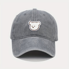 Cartoon Bear Patch Baseball Cap Solid Washed Distressed Sun Hat