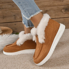 Women's Suede Snow Boots Round Toe Plush Lined Slip On Winter Shoes