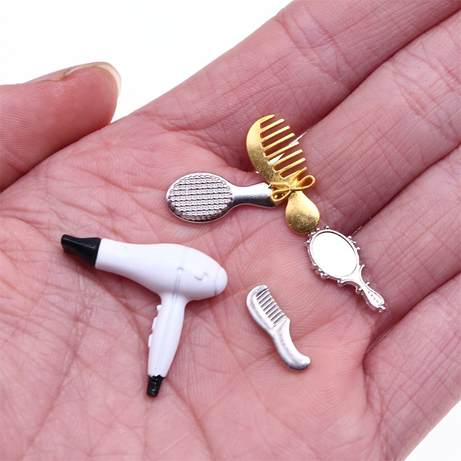 Alloy Dollhouse Hairdressing Set with Comb, Mirror, Dryer & Brush